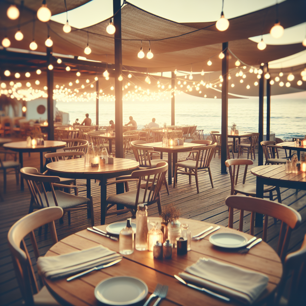 The casual dining experience at Rosy's at the Beach welcomes guests with open arms, offering a cozy ambiance under the night sky.