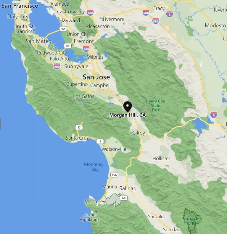 Map showing Morgan Hill's ideal location off U.S. Highway 101, a perfect starting point for any California adventure.